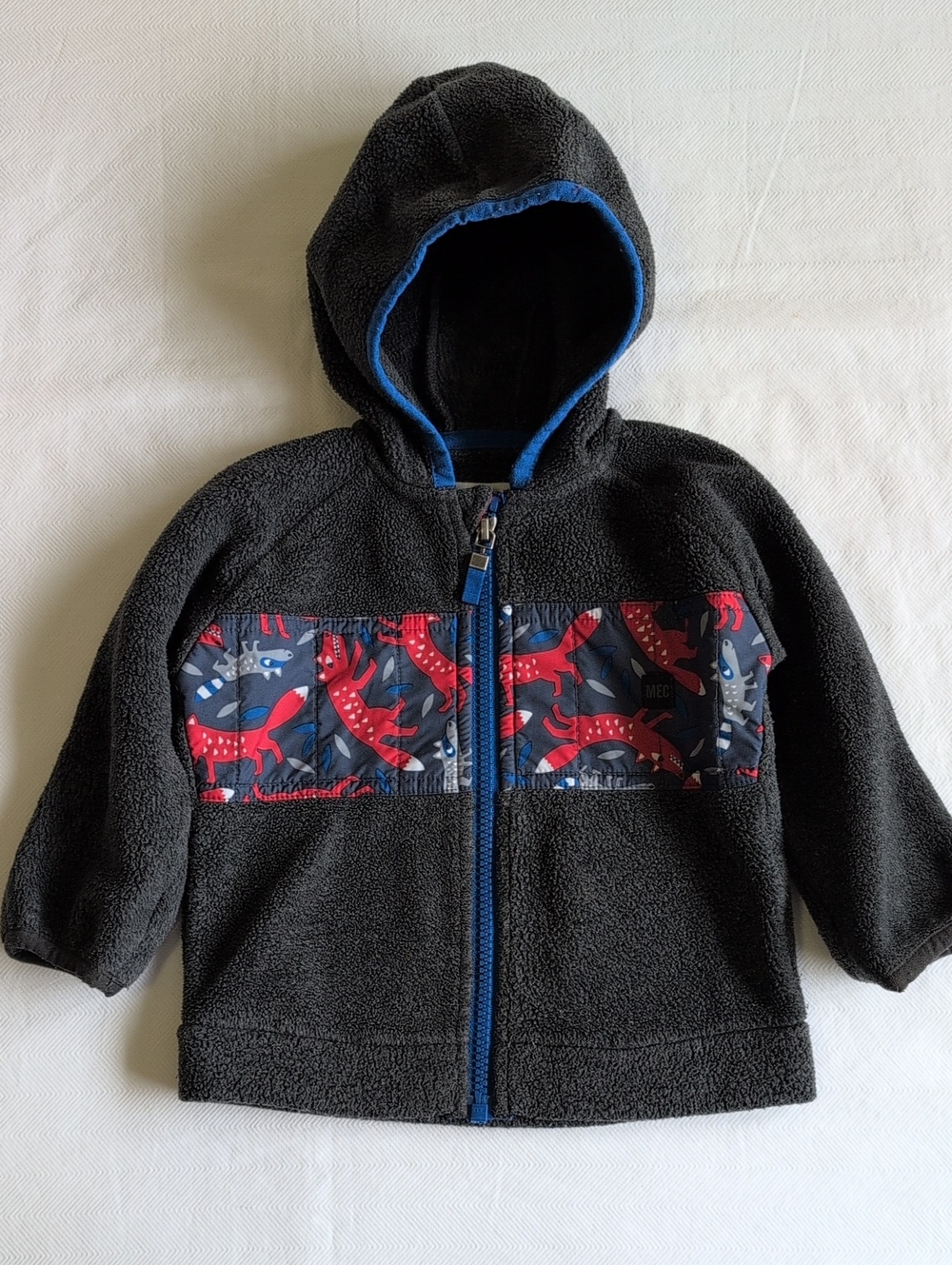 MEC | Hooded Full Zip Fleece Baby Jacket Fold-Over Mitts Fox Print | 6M